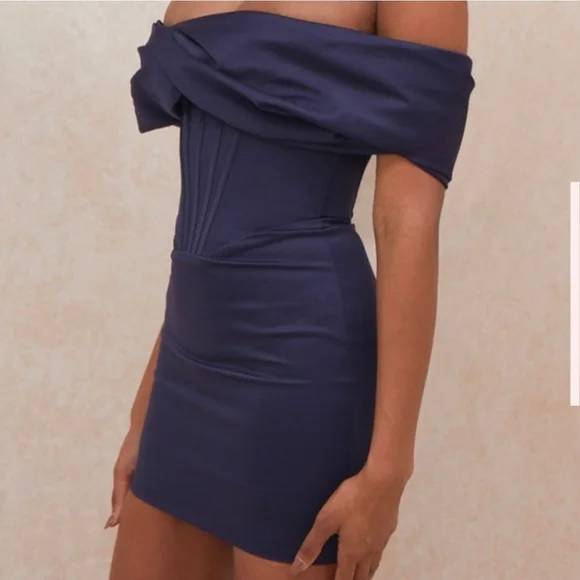 House of CB Nurul Satin Off Shoulder Mini Dress Navy Small - Picture 11 of 11